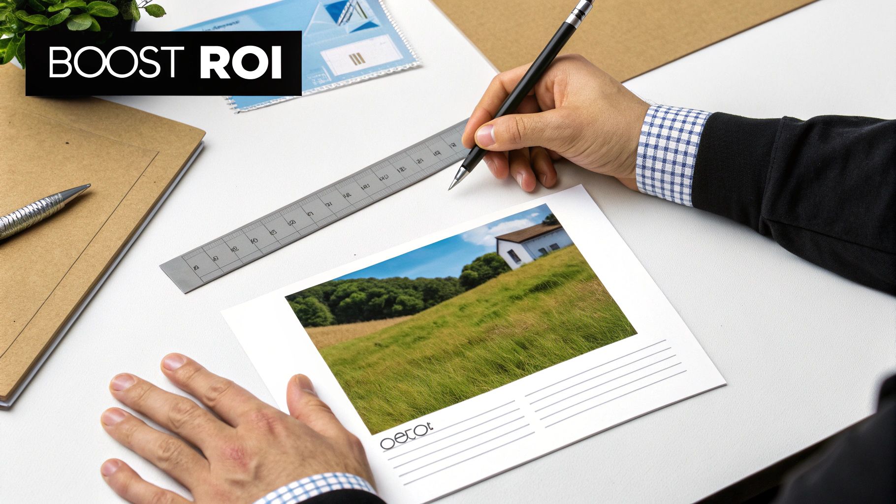 A person's hands work at a desk with a pen, ruler, notebook, and a printed photo of a landscape.