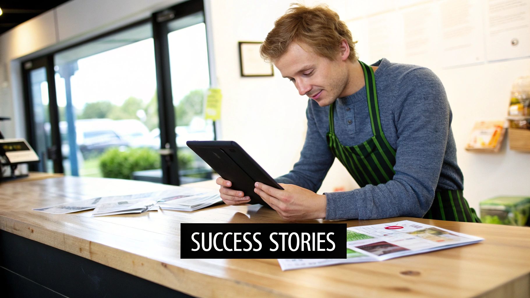 Smiling man in a green apron uses a tablet at a wooden counter in his store, surrounded by products.