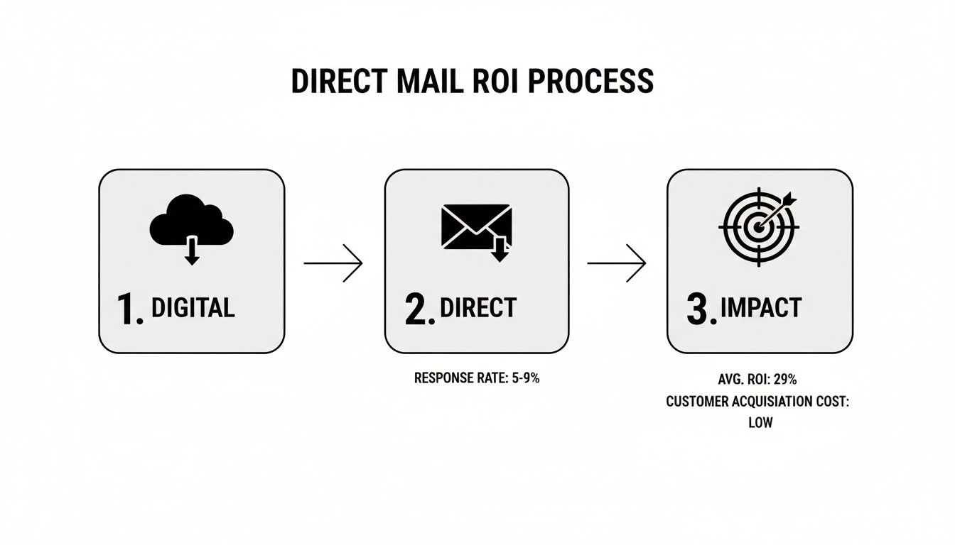 Flowchart showing the direct mail ROI process: Digital, Direct (5-9% response), and Impact (29% ROI, low cost).