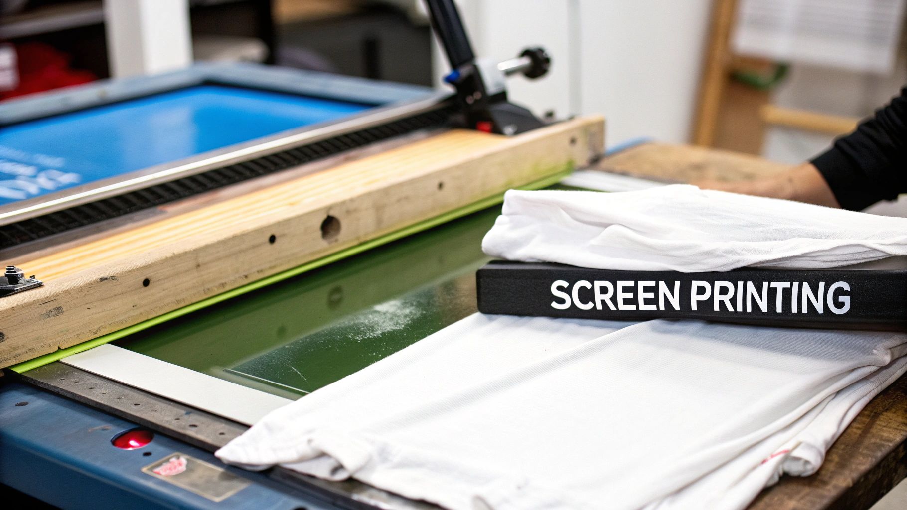 Close-up of a screen printing station with a frame, squeegee, and white t-shirts, showing the process.