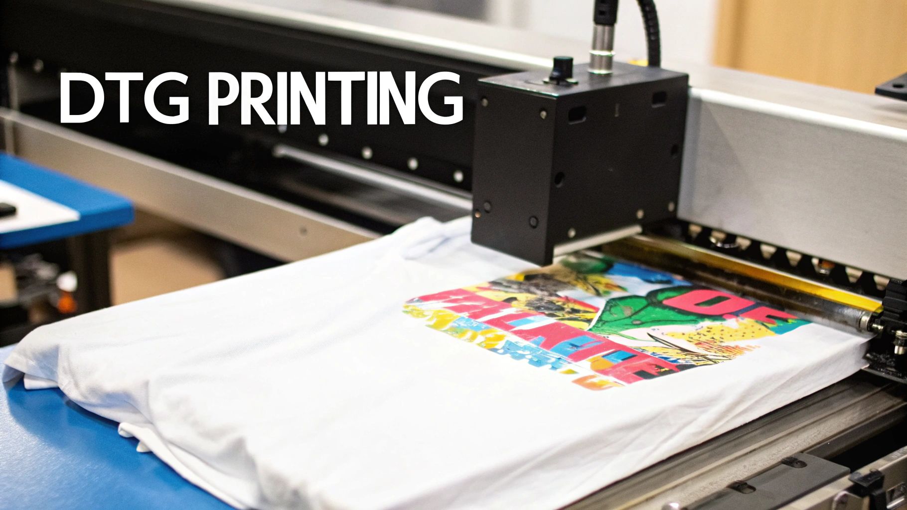 A white t-shirt being printed with a colorful design on a direct-to-garment (DTG) printer.