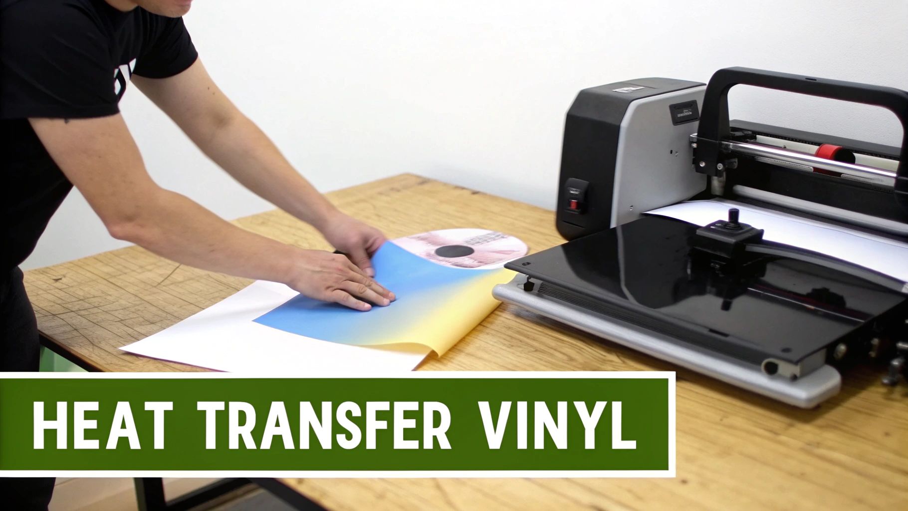 A person prepares a colorful sheet of heat transfer vinyl with a guitar design for a vinyl cutting machine.