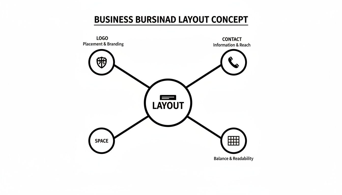 A business layout concept diagram showing connections between logo, contact, space, and balance for design.