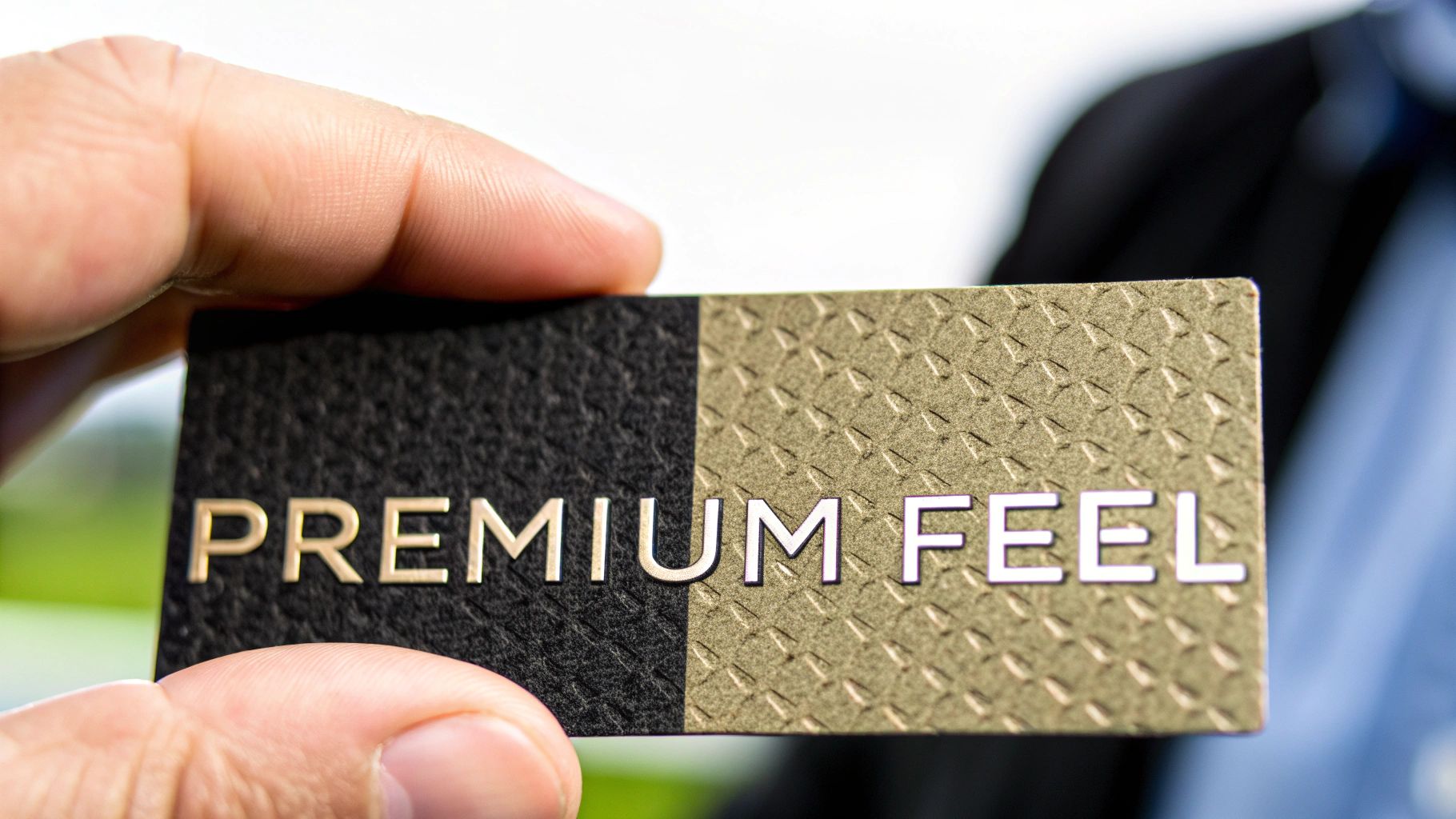 A person's hand holds a textured card featuring 'PREMIUM FEEL' text, split across black and golden halves.