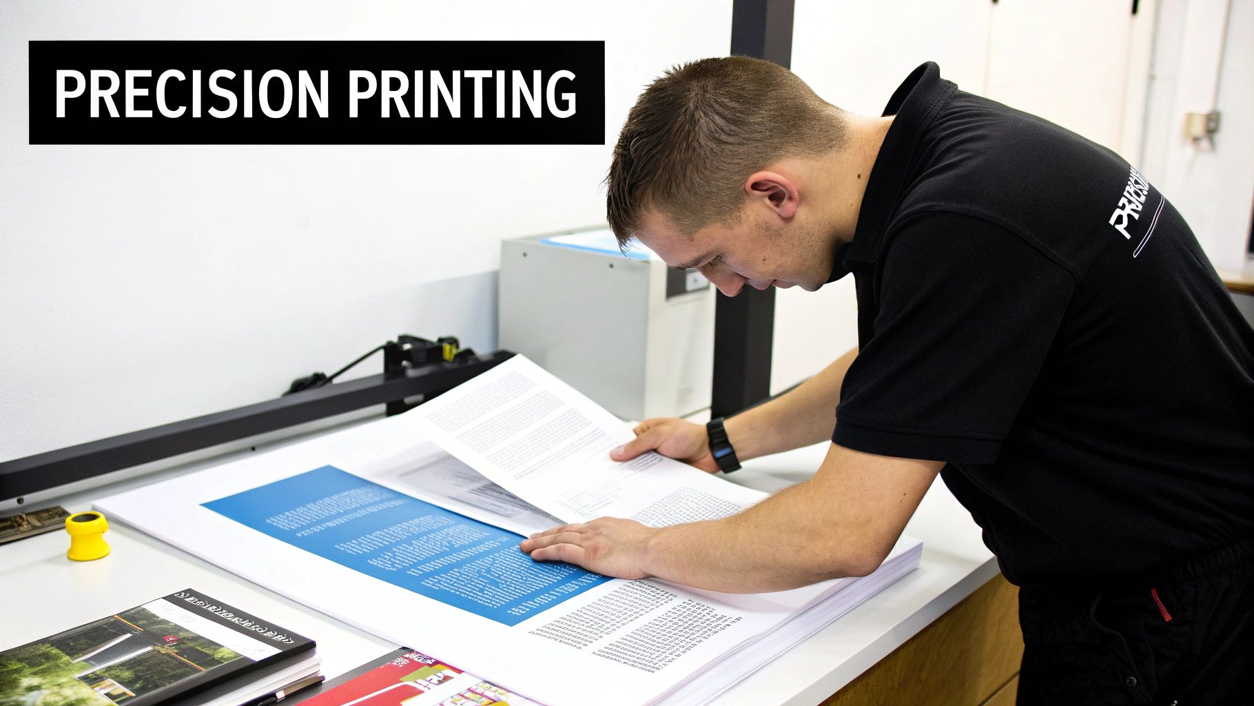 A man in a printing facility carefully inspecting freshly printed sheets, emphasizing precision.