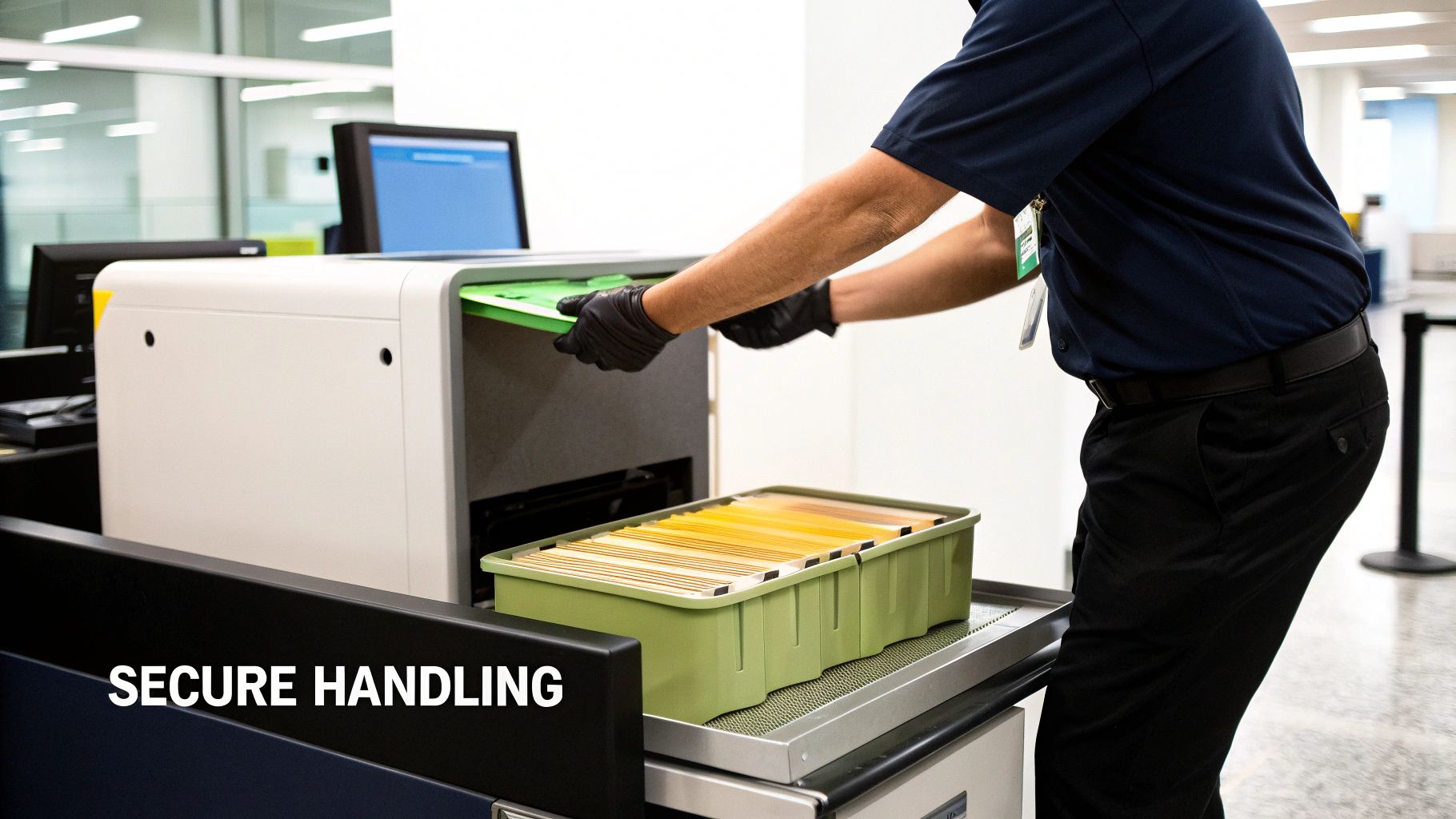 A gloved person inserts a green folder into a document scanner for secure handling of legal files.
