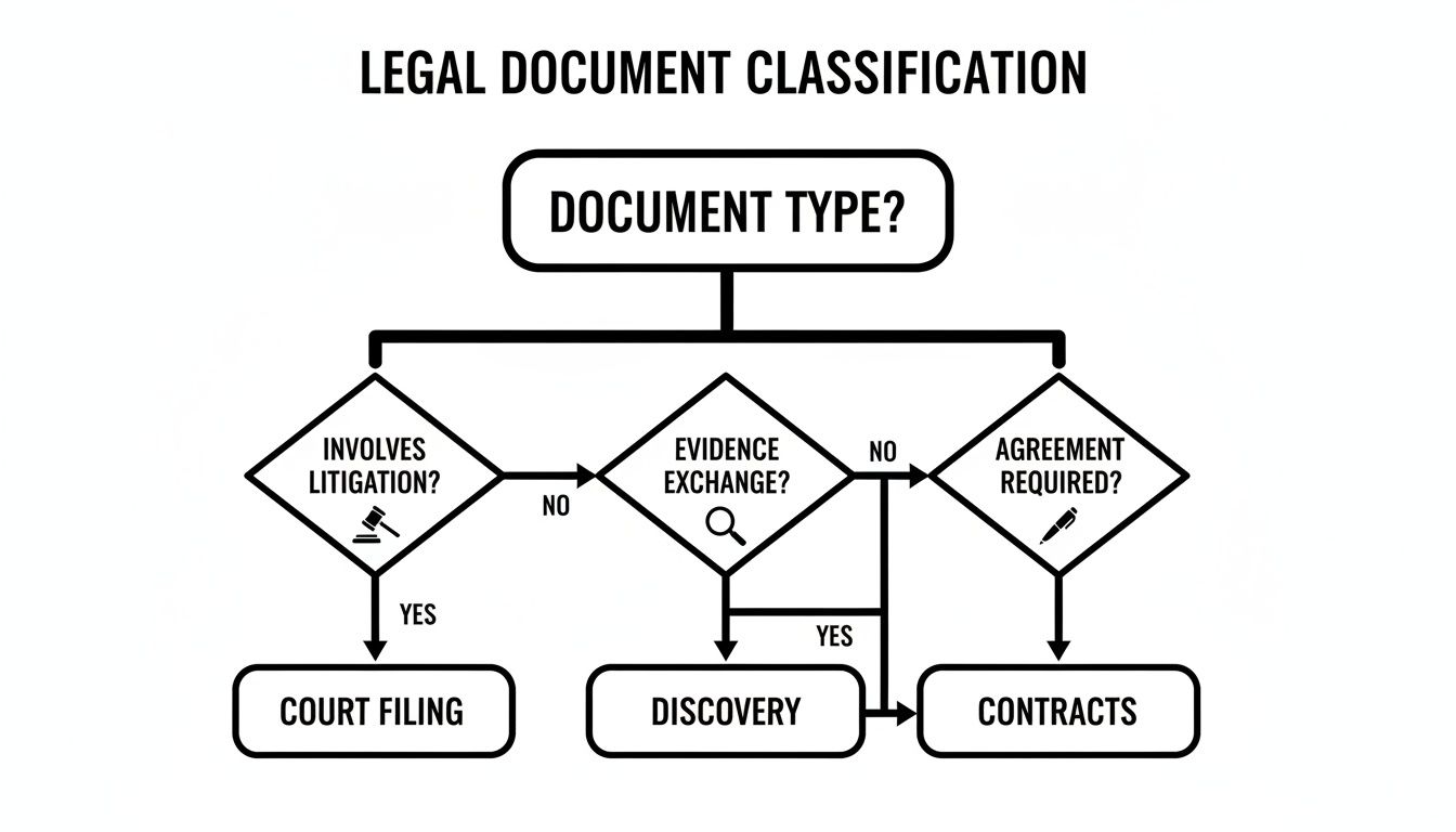 Flowchart illustrating legal document classification into Court Filing, Discovery, or Contracts categories.