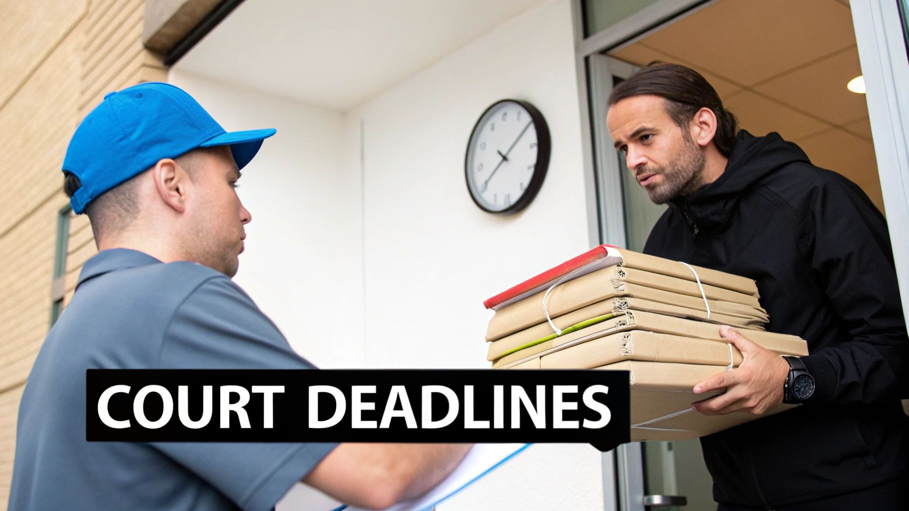 A delivery person in a blue cap hands over a stack of legal documents to a man, emphasizing court deadlines.
