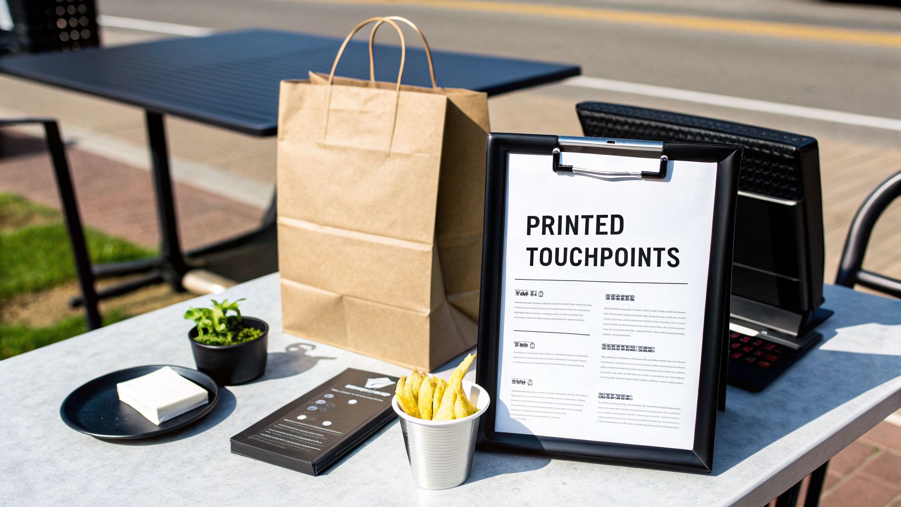 An outdoor cafe table features a 'Printed Touchpoints' sign, a paper bag, fries, and a laptop, showcasing restaurant branding.