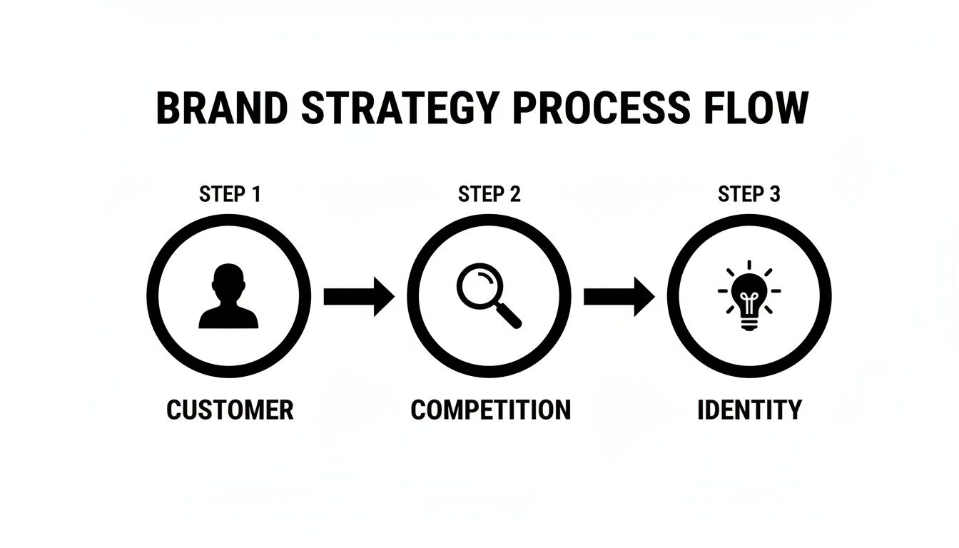 A visual representation of the brand strategy process flow, detailing steps for customer, competition, and identity.