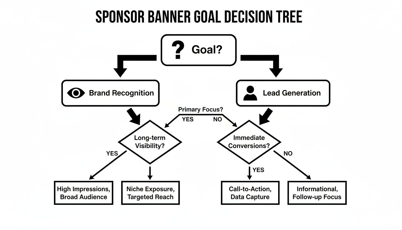 Decision tree for sponsor banner goals, guiding from initial goal to specific strategies like broad audience or data capture.