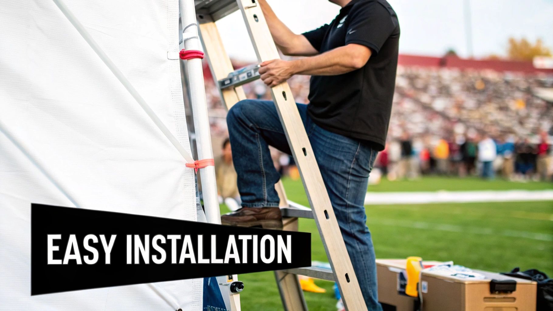 A person on a ladder installing a white tent at a sports stadium, with an 'EASY INSTALLATION' banner.