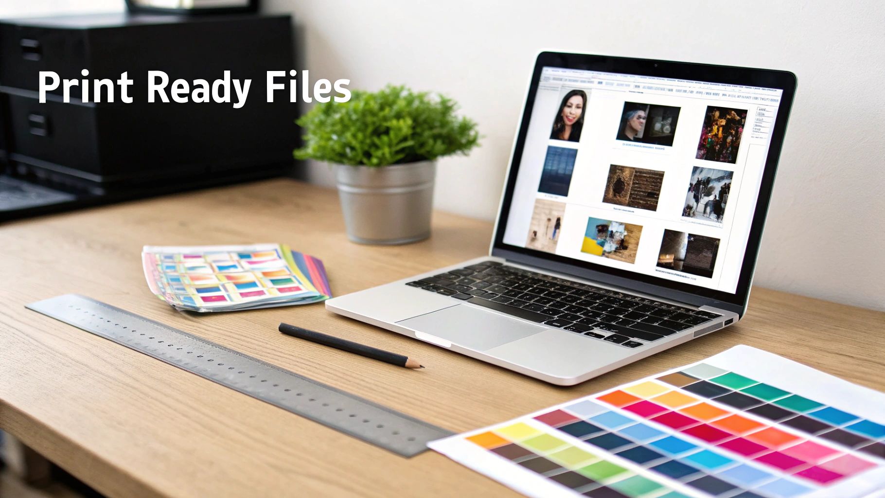 A modern workspace with a laptop displaying image files, color swatches, and the text 'Print Ready Files'.
