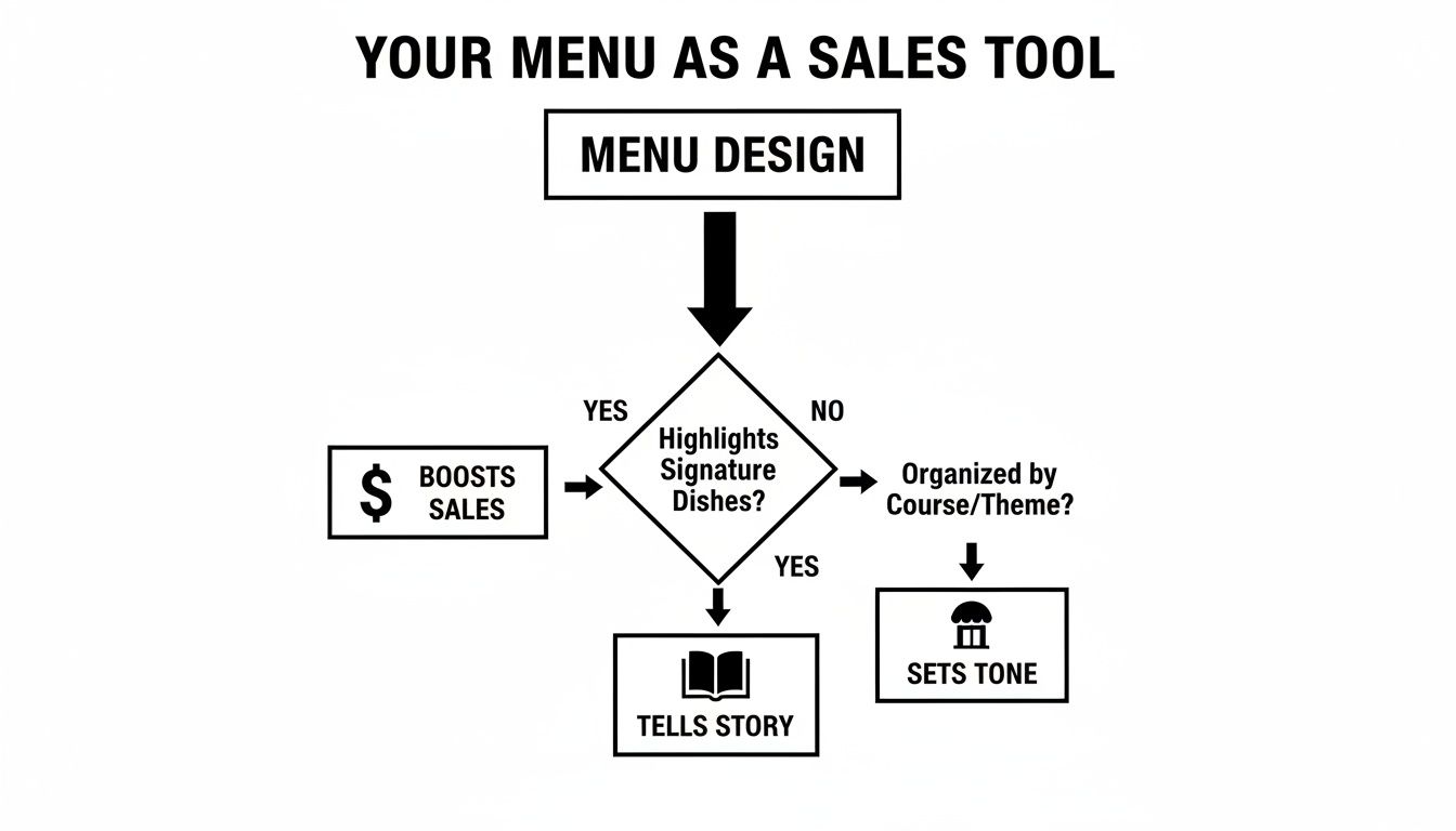 Flowchart illustrating how menu design functions as a sales tool, outlining paths for highlighting dishes and organization.