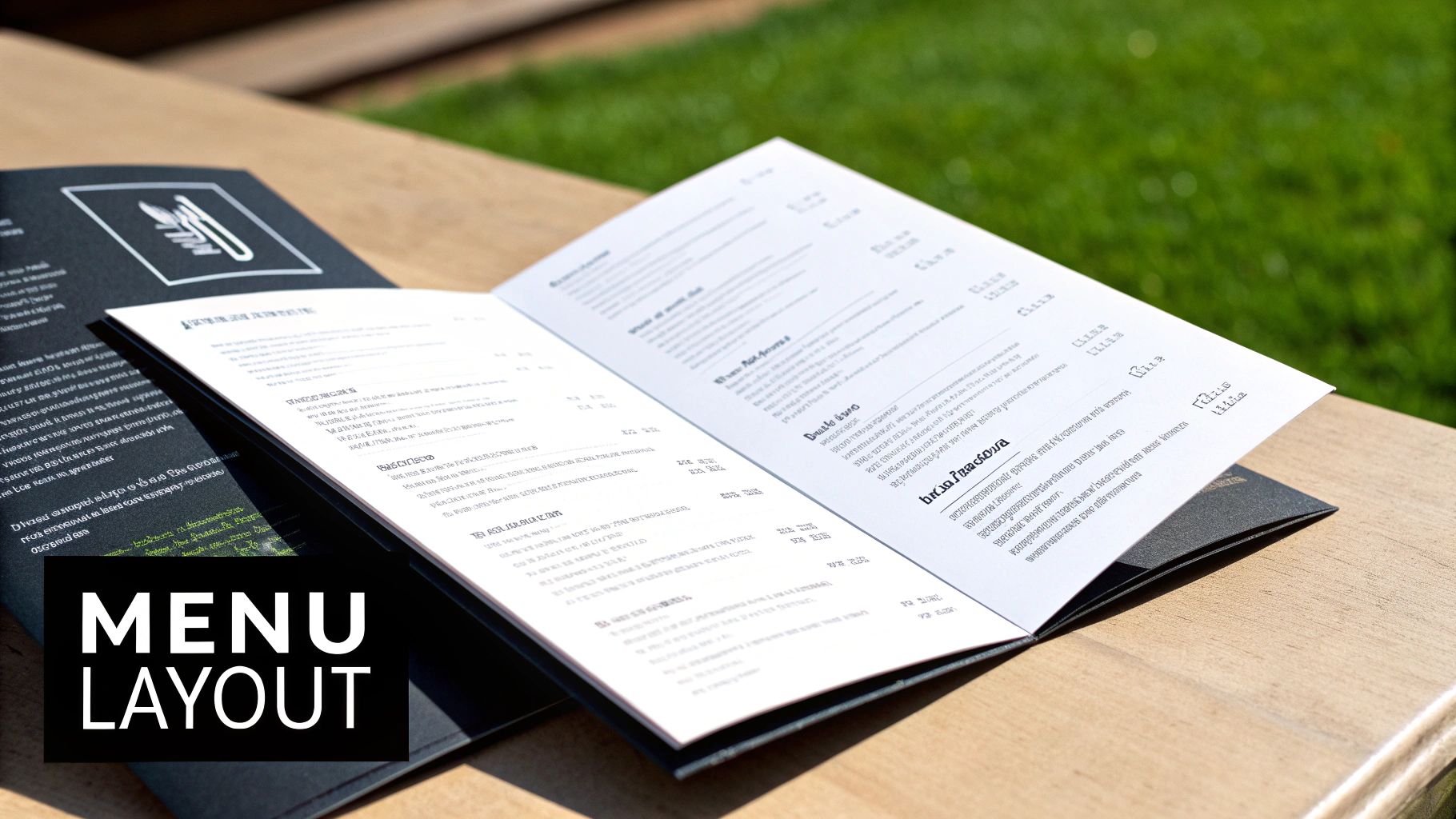 An open tri-fold menu book with a black cover and white pages, showcasing a menu layout on a wooden table outdoors.