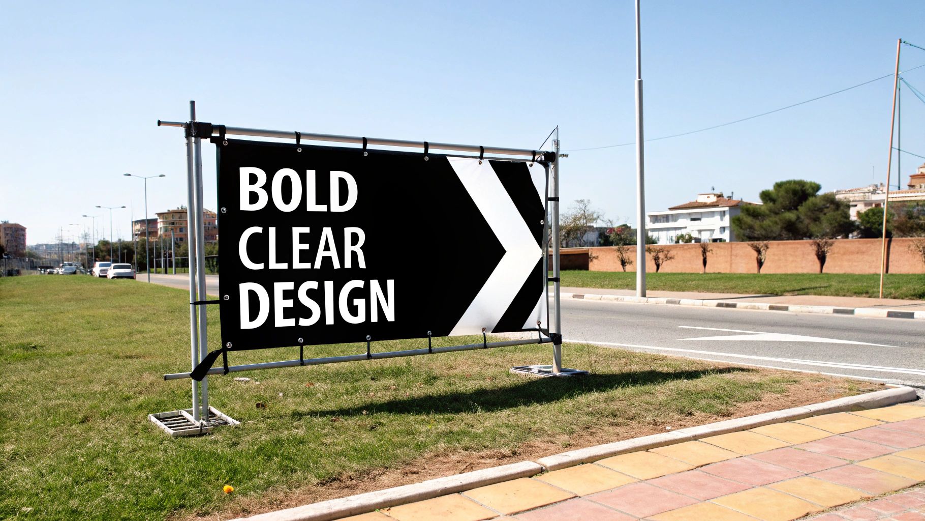 A black outdoor banner sign on a grassy roadside displaying 'BOLD CLEAR DESIGN' and a right arrow.