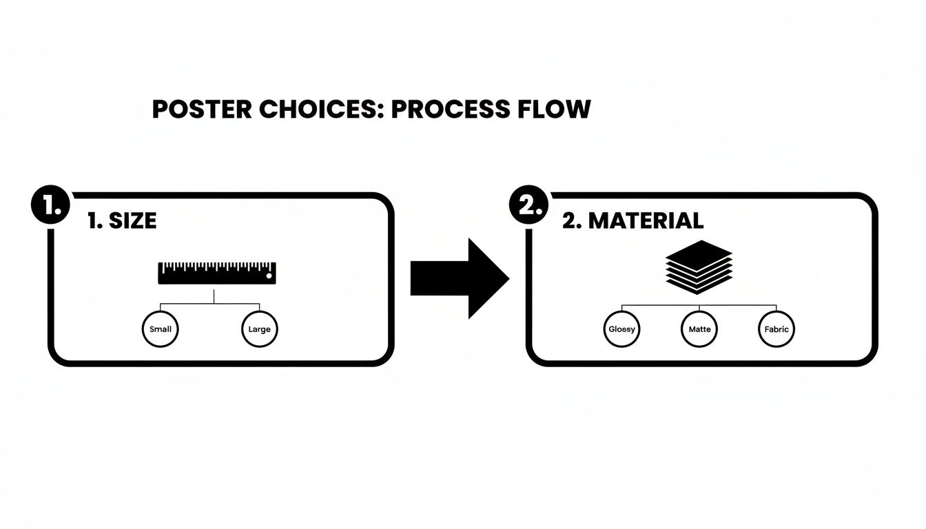 Process flow diagram illustrating poster printing choices: first size (small or large), then material (glossy, matte, or fabric).