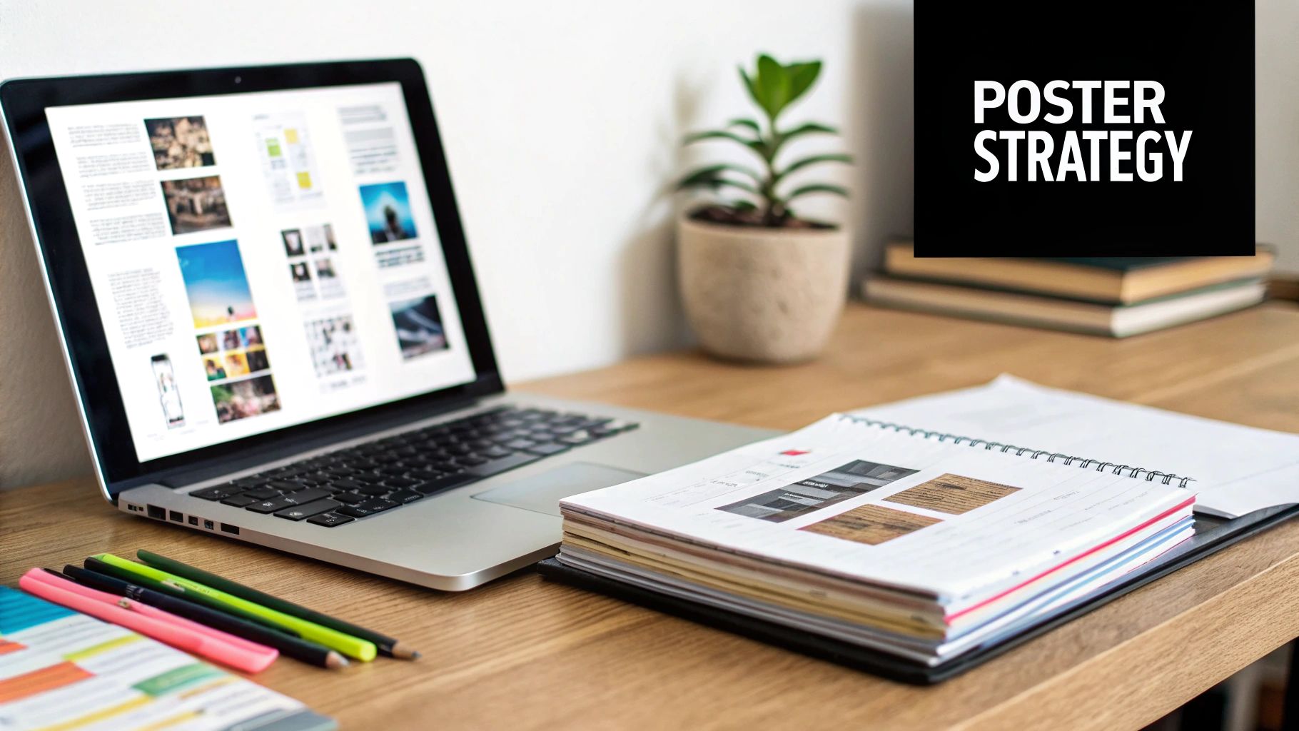 A creative workspace with a laptop showing poster designs, a notebook, pencils, and books.