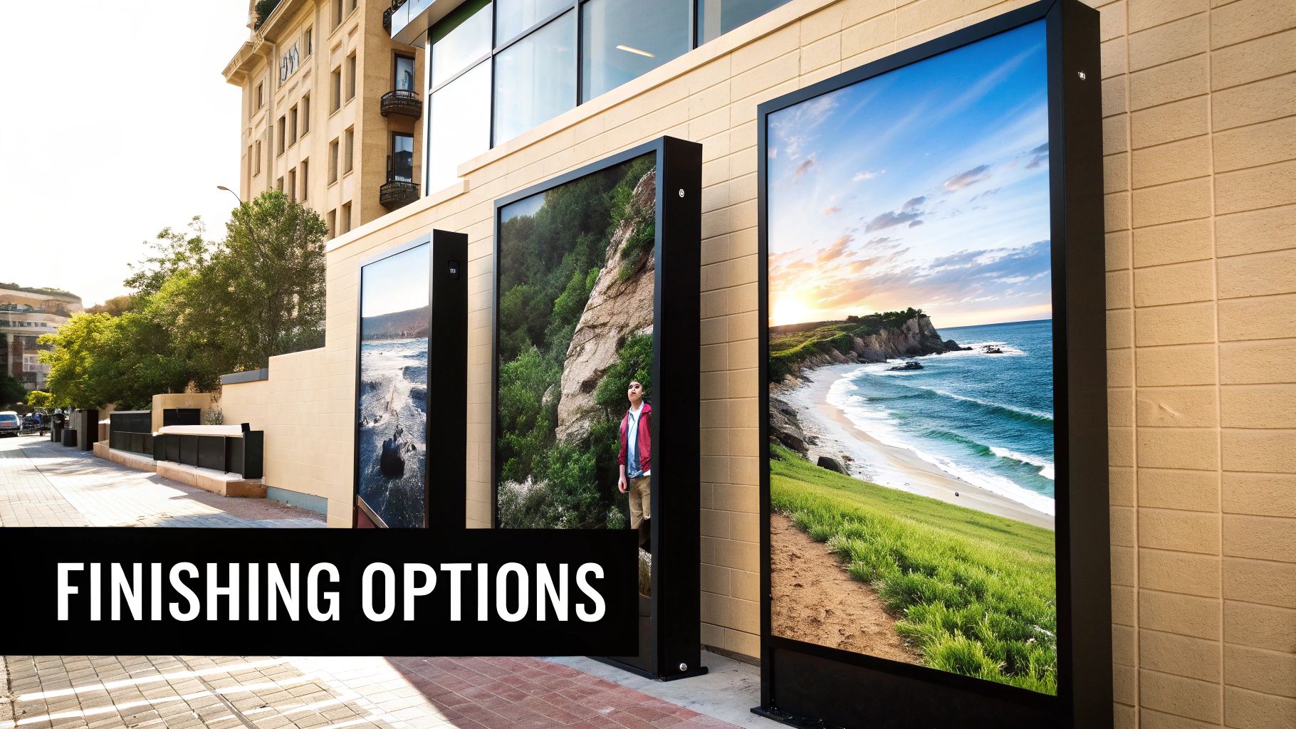 Outdoor wall featuring three large digital displays showcasing vibrant nature landscapes.