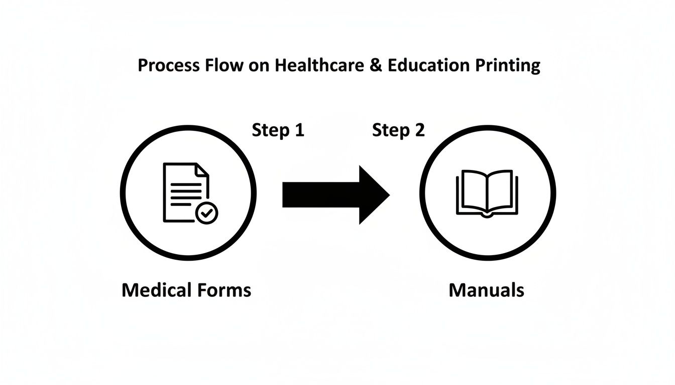 A process flow diagram shows healthcare and education printing from medical forms to manuals.