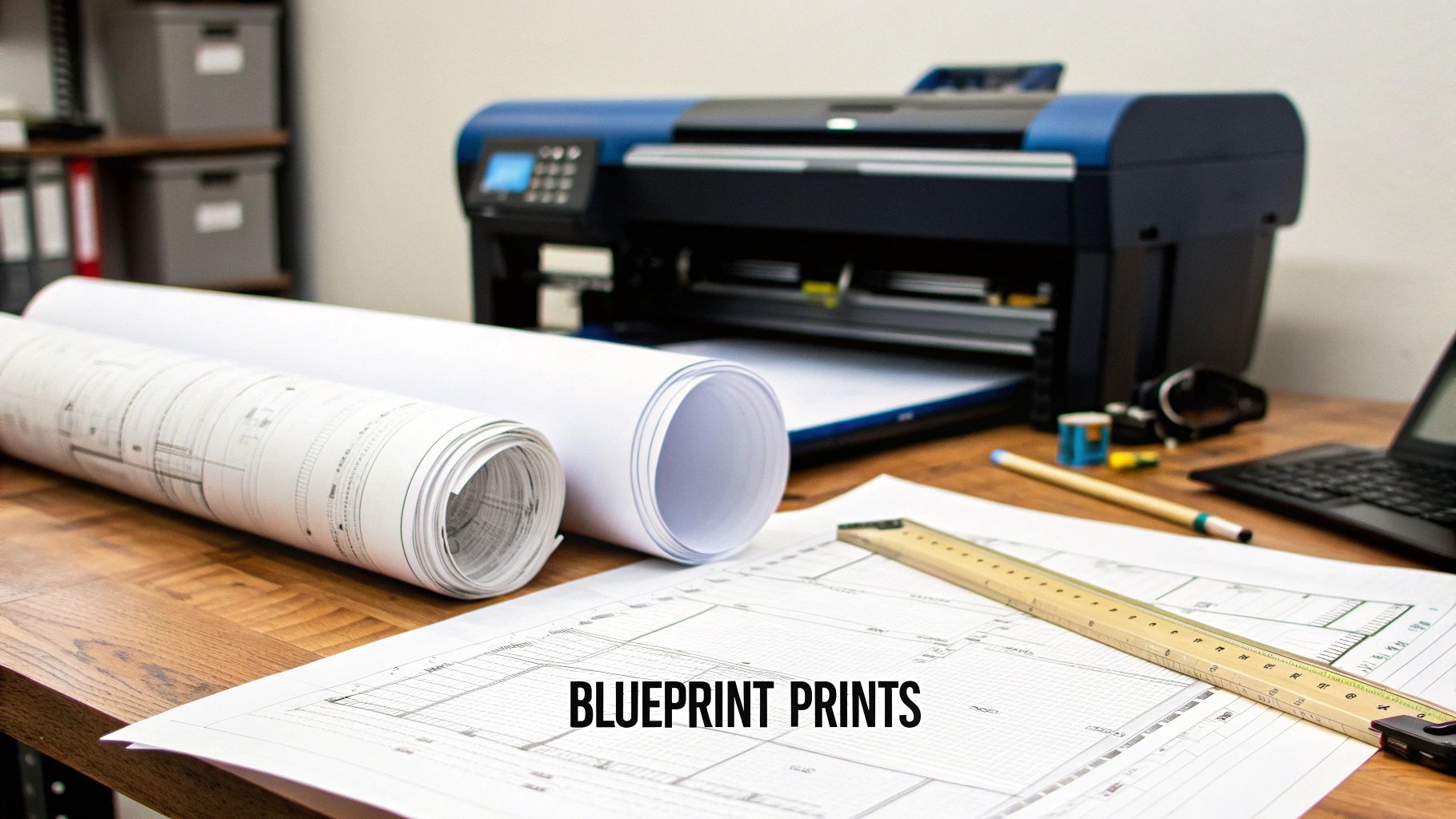A desk with rolled blueprint prints, a large format plotter, laptop, and ruler for architectural work.