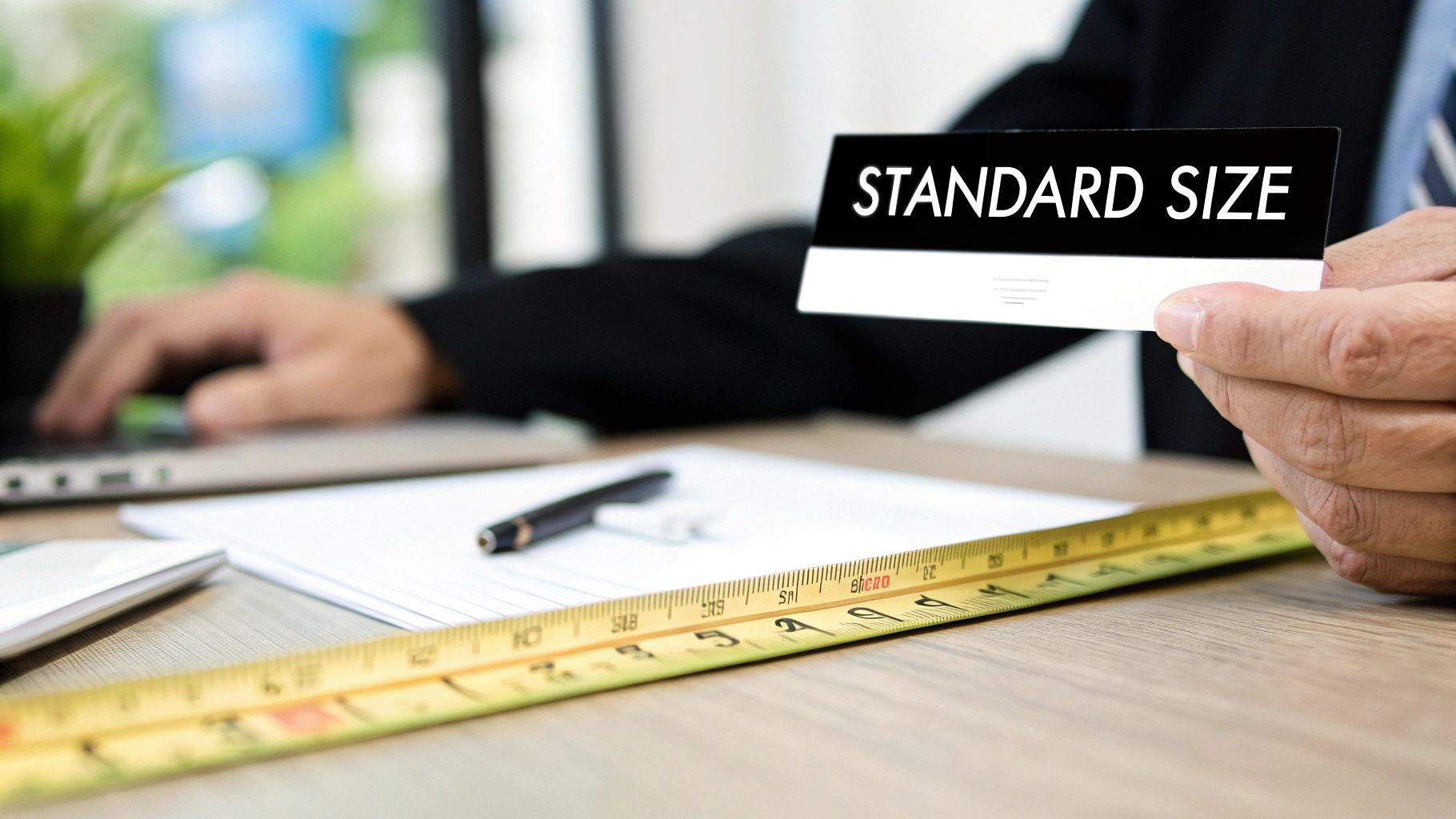 Close-up of a hand holding a 'STANDARD SIZE' card over a measuring tape on a wooden desk, with a person typing.