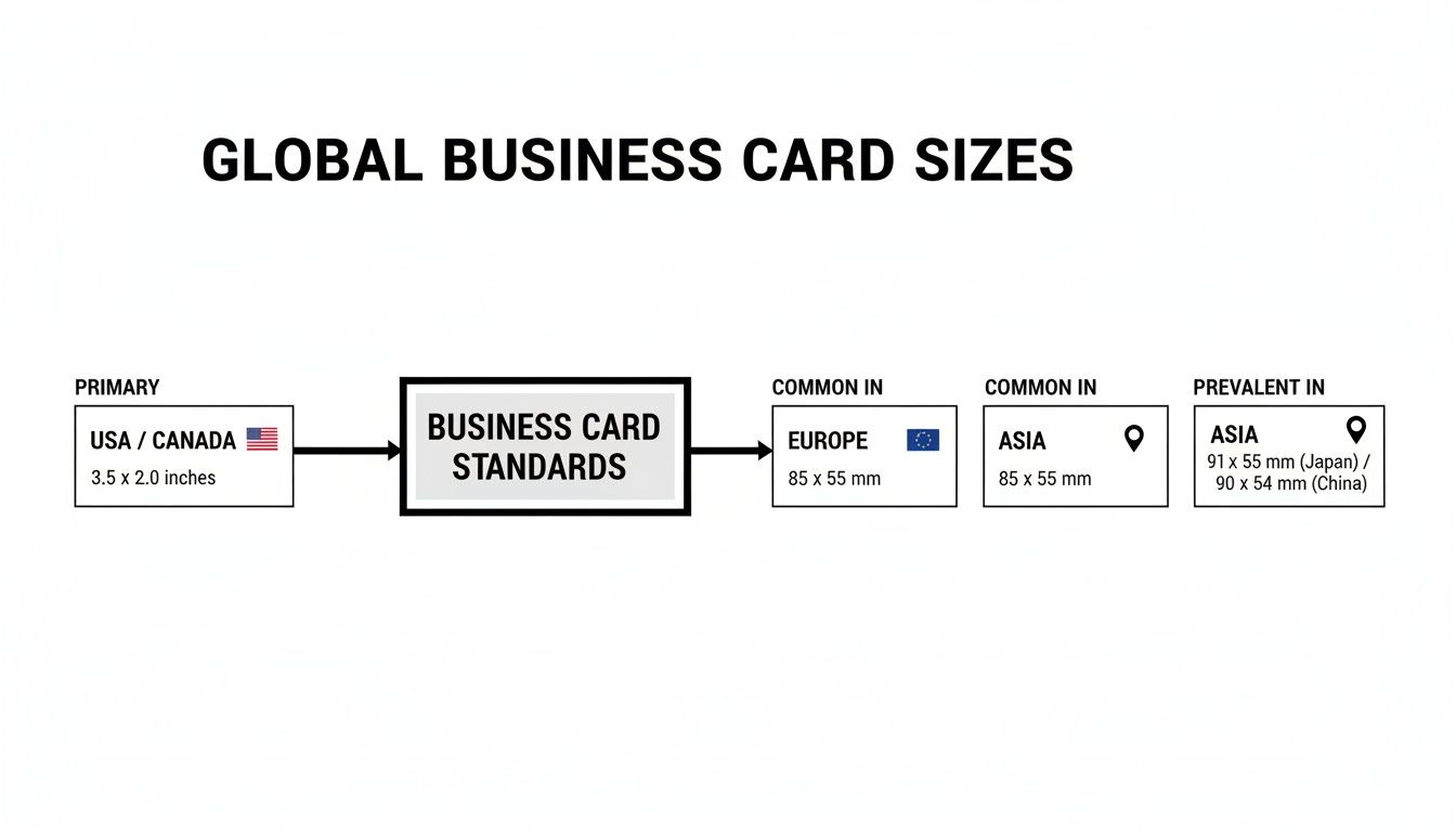 Infographic comparing global business card sizes across USA, Canada, Europe, and Asia with specific dimensions.