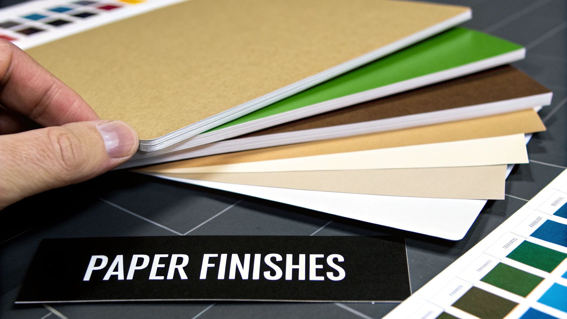 Hand displaying a fanned stack of various paper finishes, including kraft, green, and white, with a 'PAPER FINISHES' label.