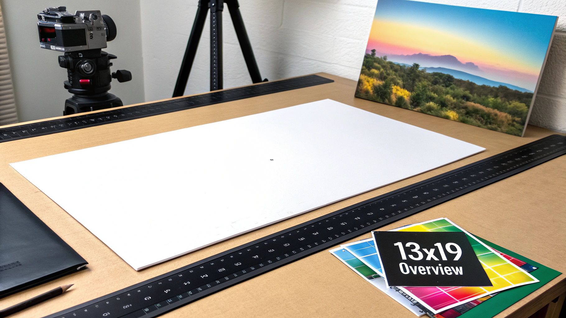 Professional printing workspace with a large white paper, rulers, camera, and a vibrant landscape print.