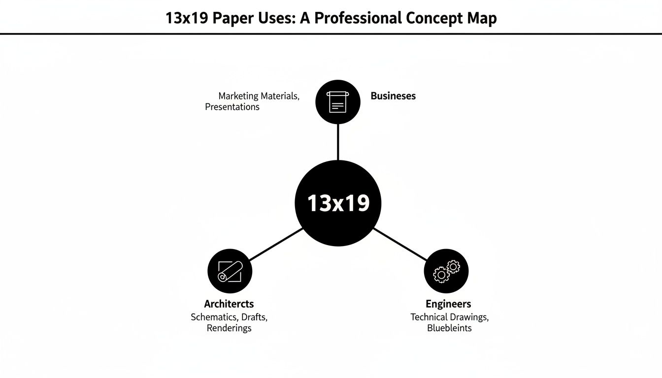 Concept map illustrating 13x19 paper uses for businesses, architects, and engineers.