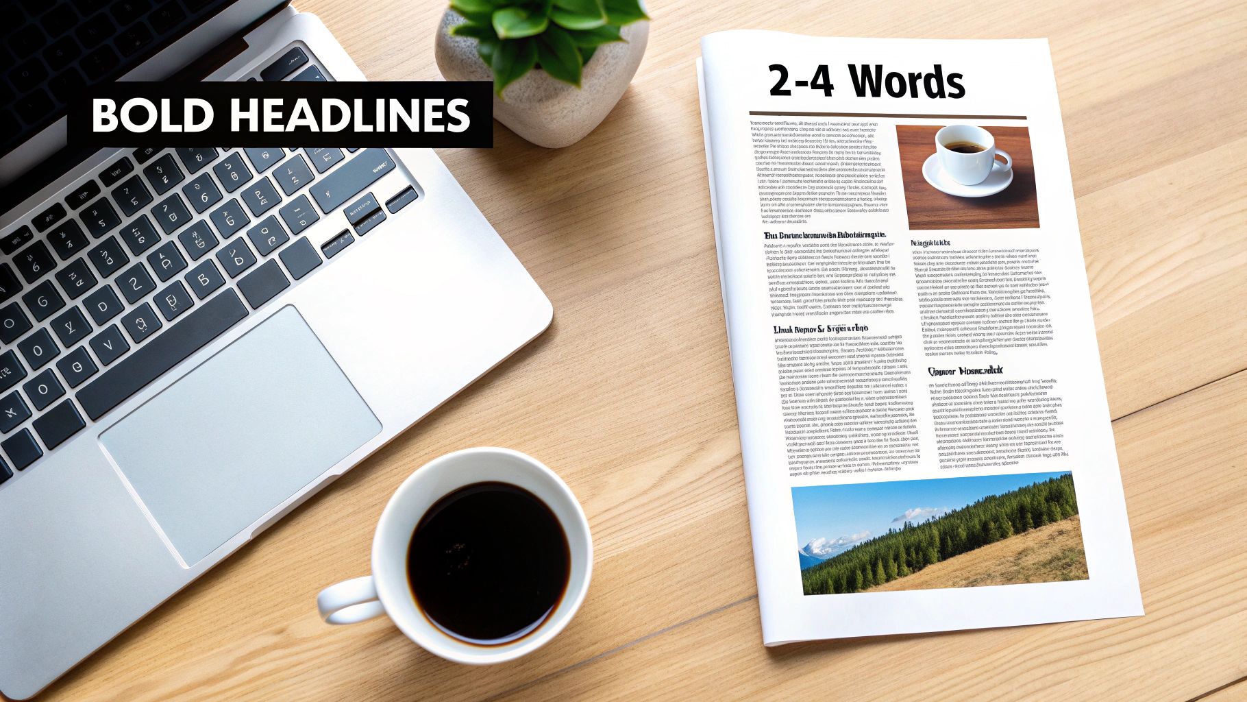 A flat lay of a wooden desk with a laptop, coffee, and a magazine. A 'BOLD HEADLINES' banner overlays the laptop.