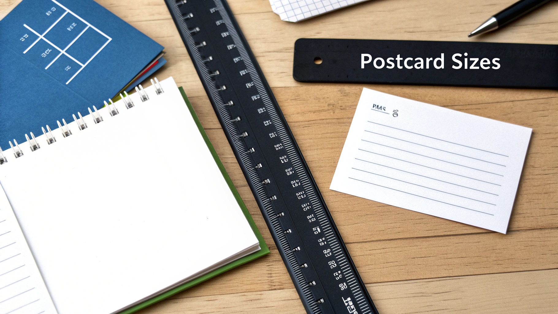 A flat lay of office supplies including a ruler, notebook, pen, and a card titled 'Postcard Sizes' on a wooden table.