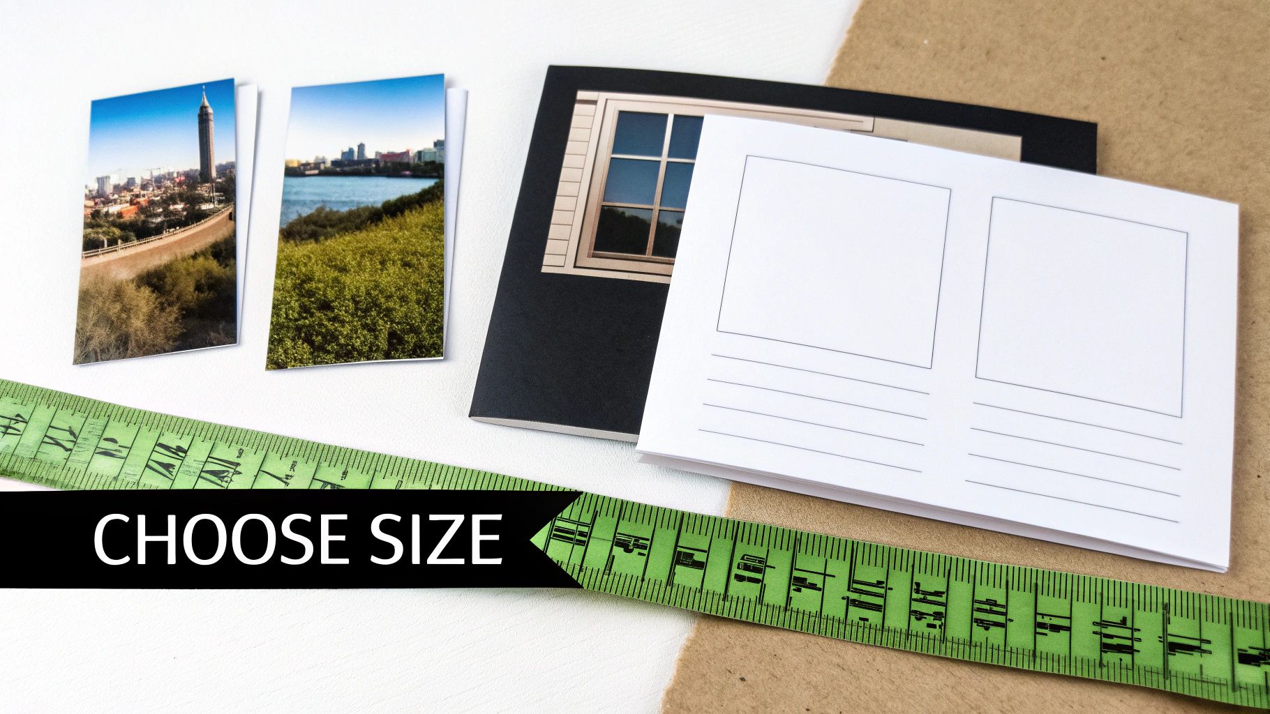 A flat lay shows two small photos, an open booklet with frames, and a green measuring tape indicating size.