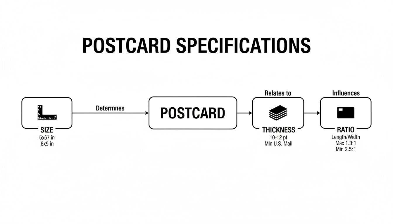 A flowchart detailing postcard specifications, covering size, thickness, and aspect ratio requirements.