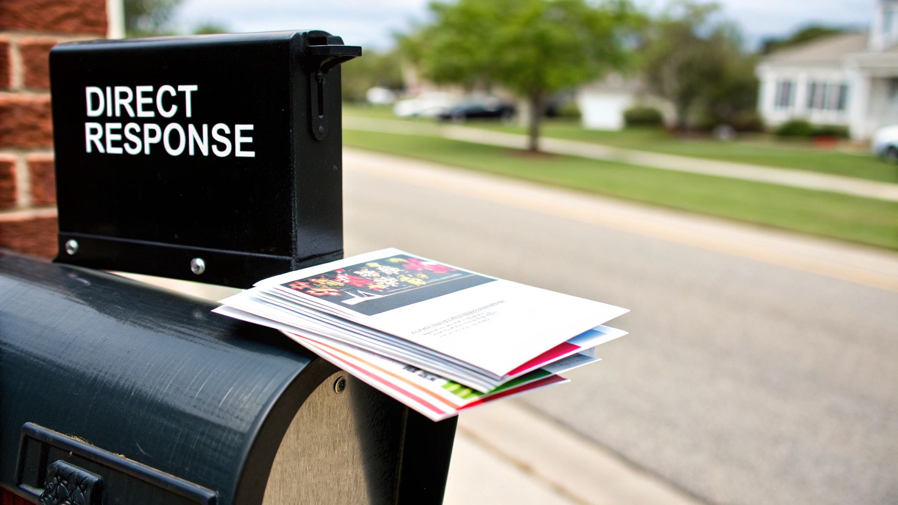 A black mailbox with 'DIRECT RESPONSE' text and a stack of colorful direct mail postcards on top.