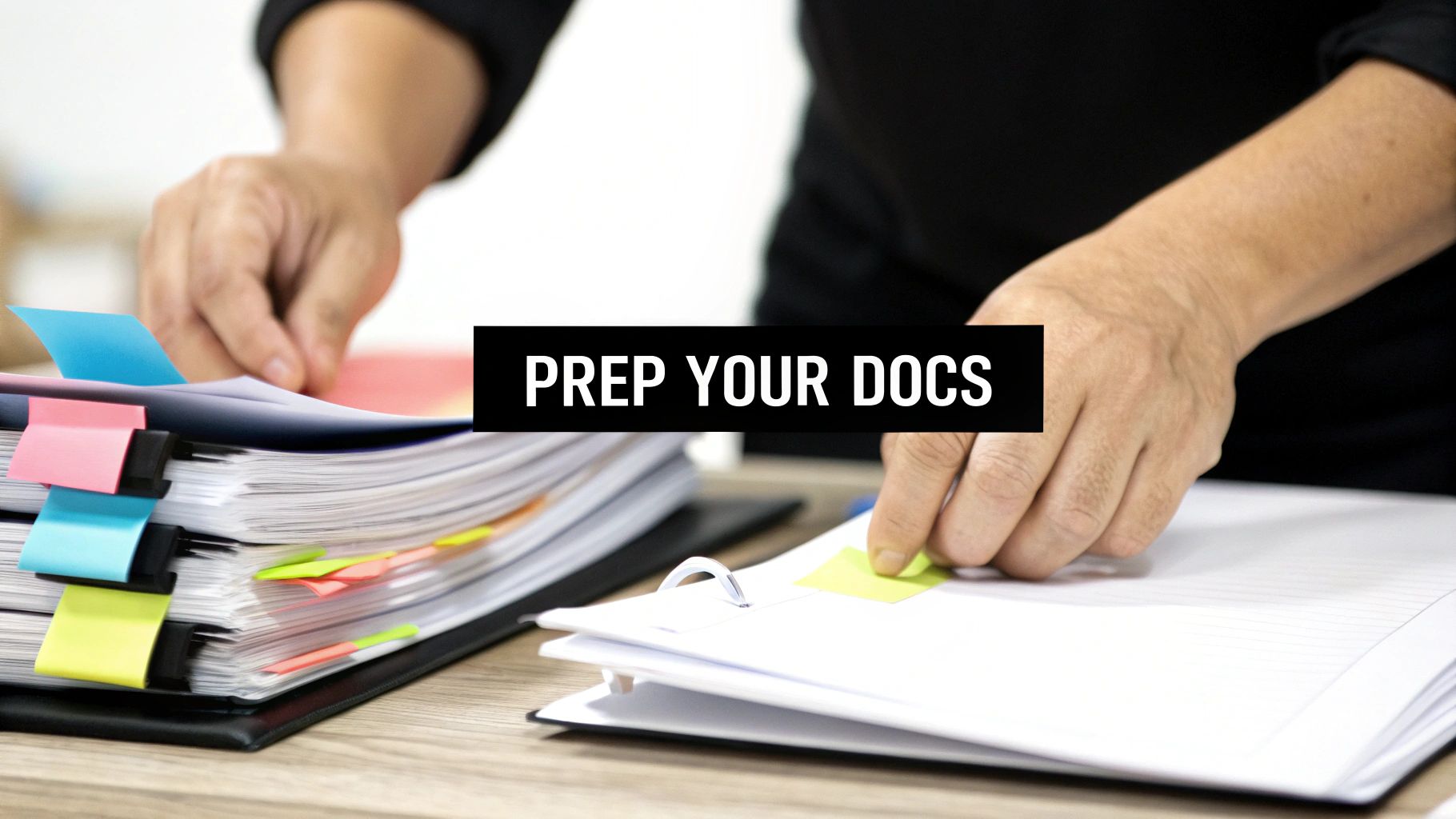Hands organizing a stack of documents with colorful tabs and a binder on a wooden desk.