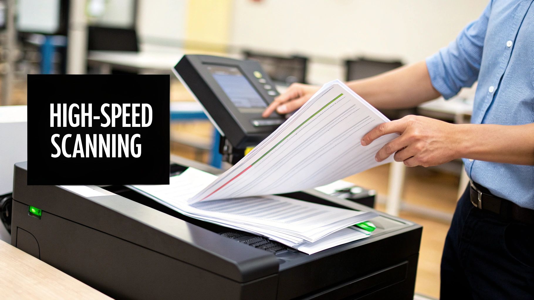 A person feeds documents into a high-speed scanner in an office, emphasizing efficient digital conversion.