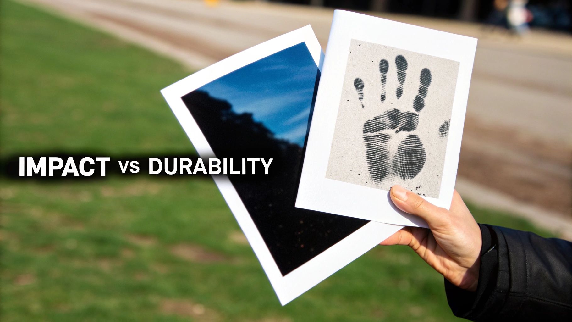 Hand holding two photo prints outdoors: one with a handprint, another with a dark sky, text 'IMPACT vs DURABILITY'.