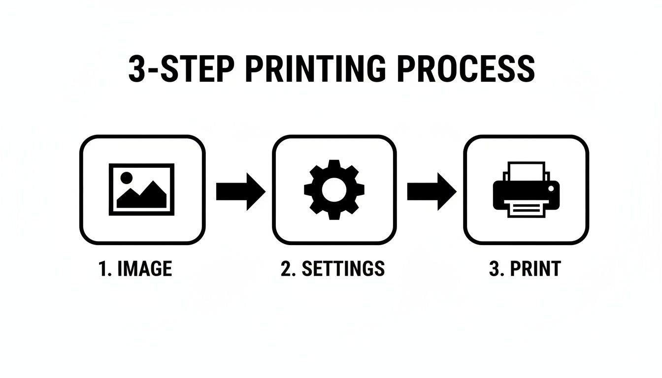 A diagram illustrating a 3-step printing process: image selection, settings adjustment, and printing.