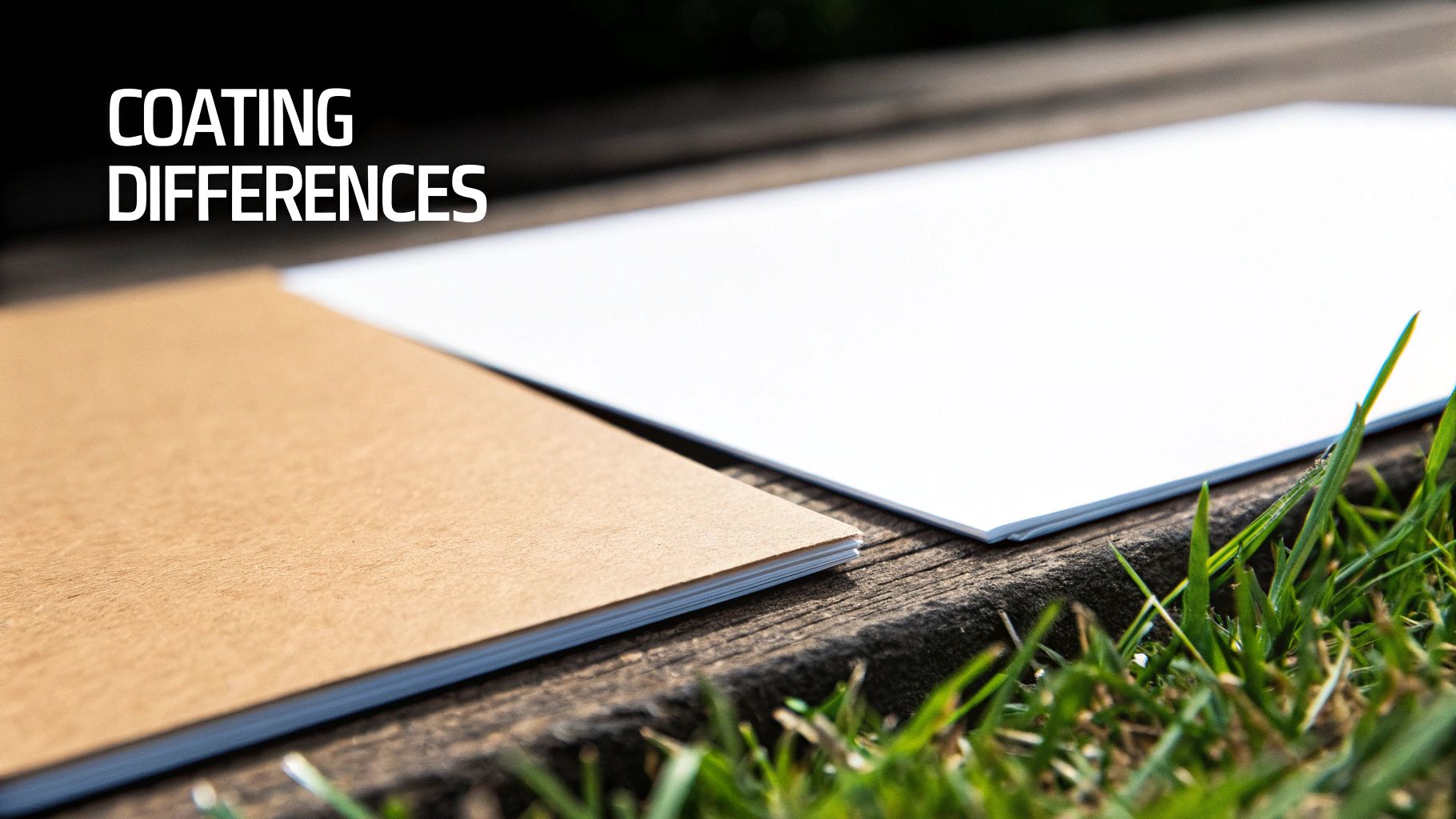Two paper samples, brown and white, on wood with grass, illustrating coating differences.