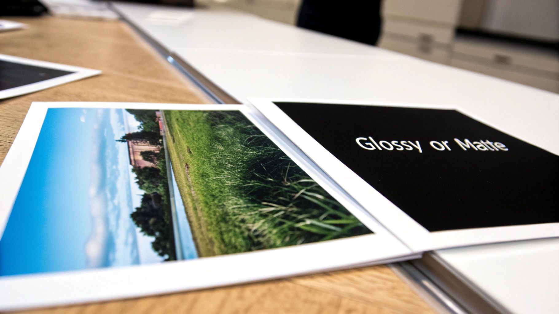 Close-up of two photo prints on a wooden table, one a landscape, the other asking 'Glossy or Matte'.
