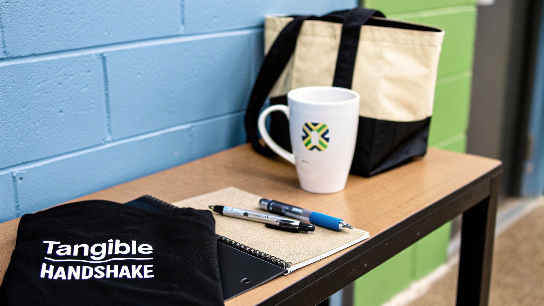 A display of promotional products: a branded mug, tote bag, 'Tangible HANDSHAKE' t-shirt, notebook, and pens.