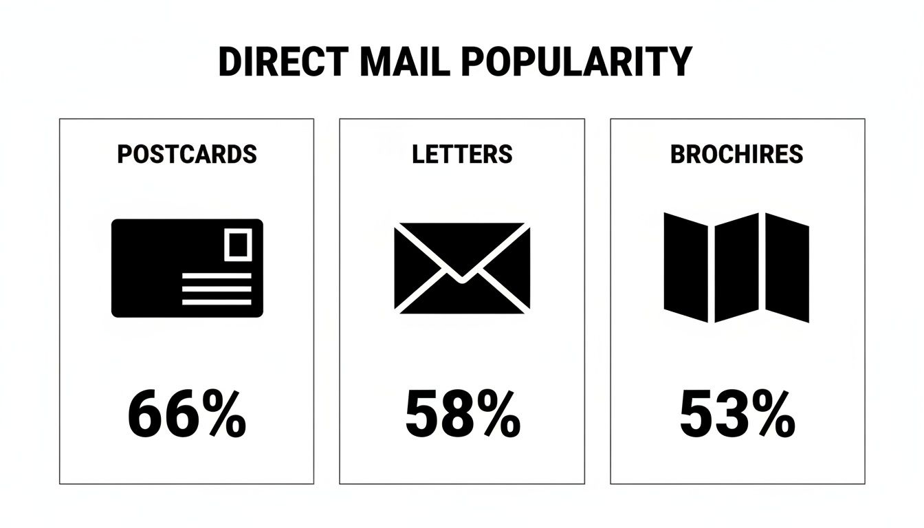 Infographic showing direct mail popularity: Postcards 66%, Letters 58%, Brochures 53%.