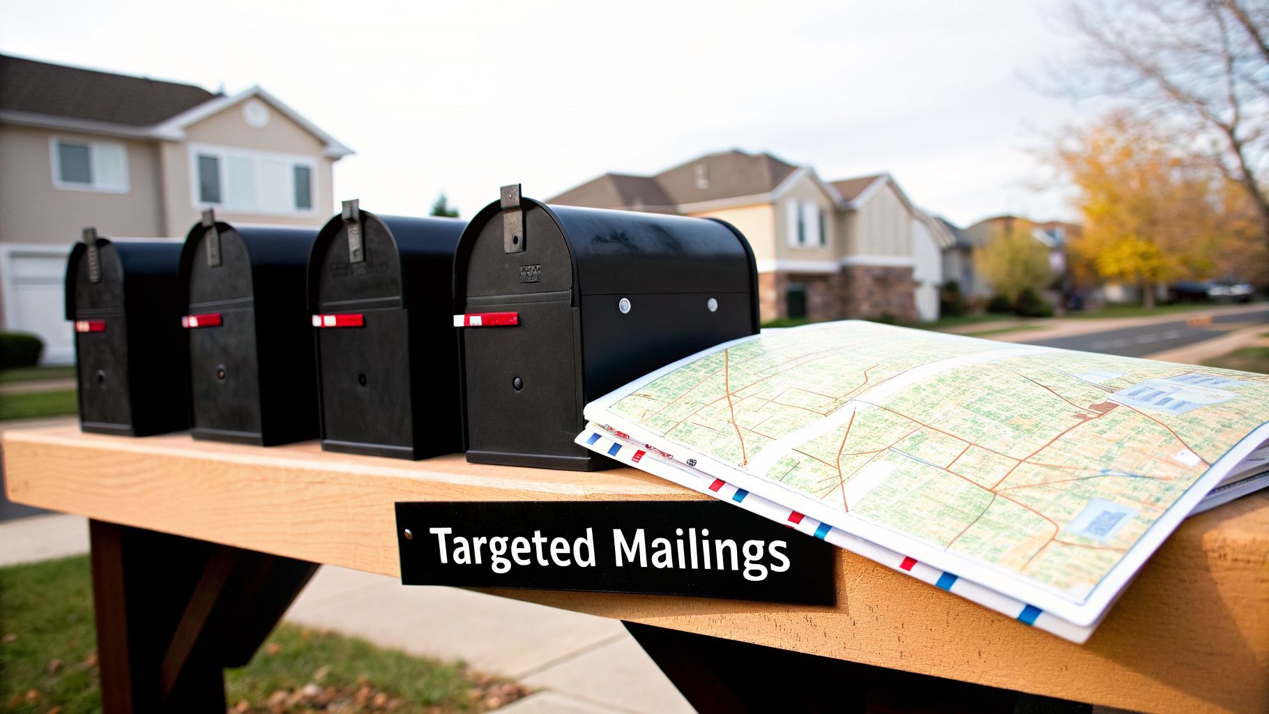 Black mailboxes and maps on a wooden stand with a 'Targeted Mailings' sign in a neighborhood.