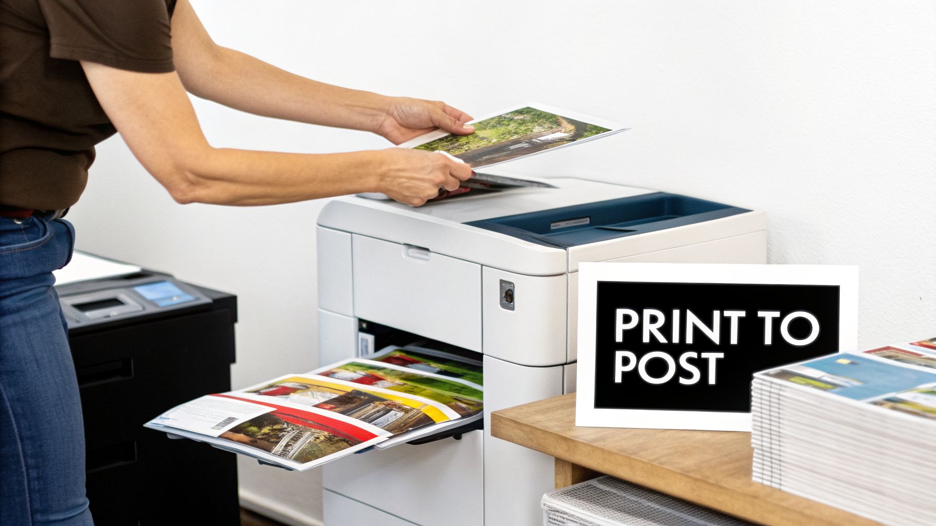 A person handles printed colorful documents near a white printer, with a 'PRINT TO POST' sign.