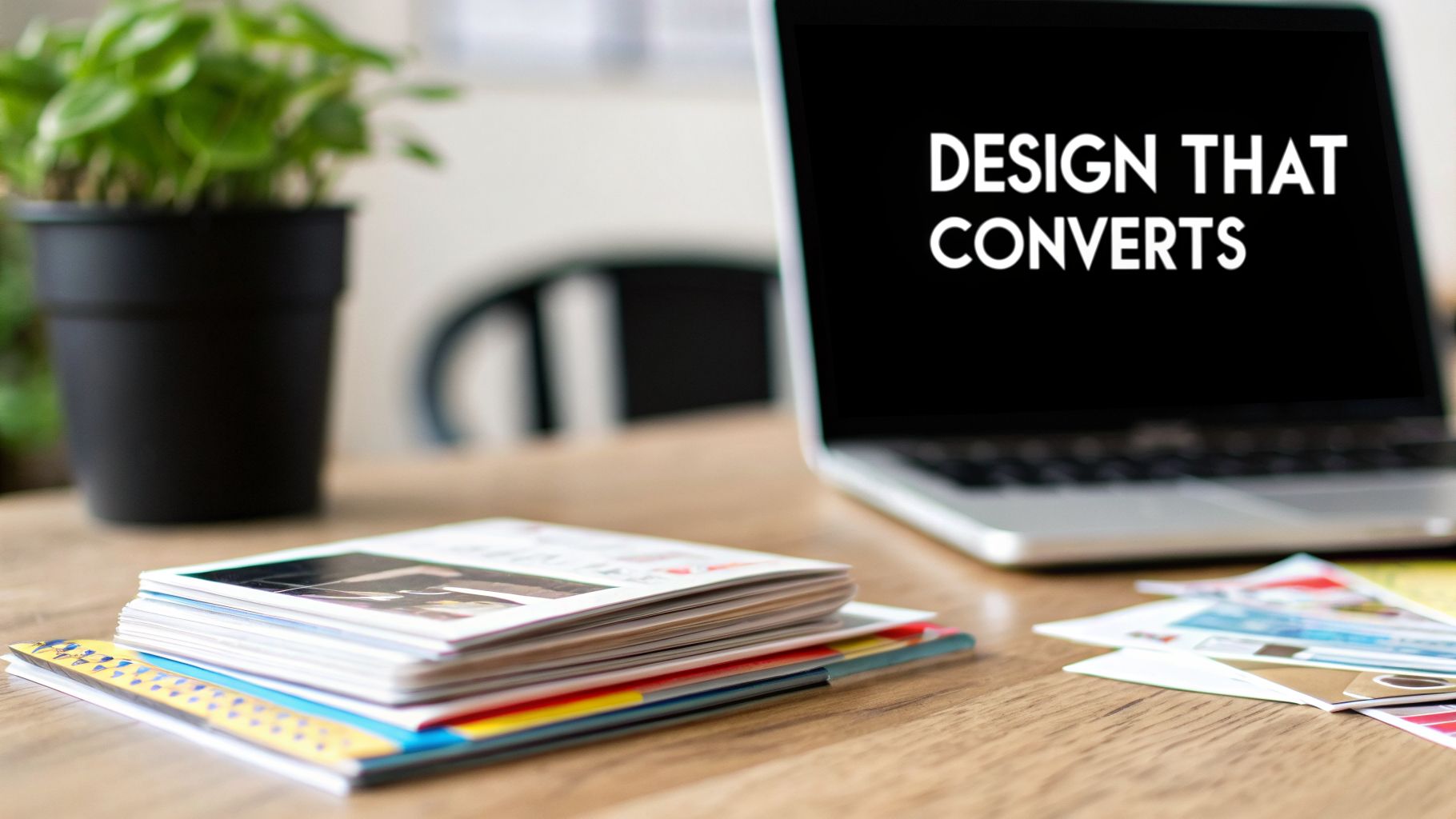 A laptop displaying 'DESIGN THAT CONVERTS' next to a stack of colorful postcards on a wooden desk.