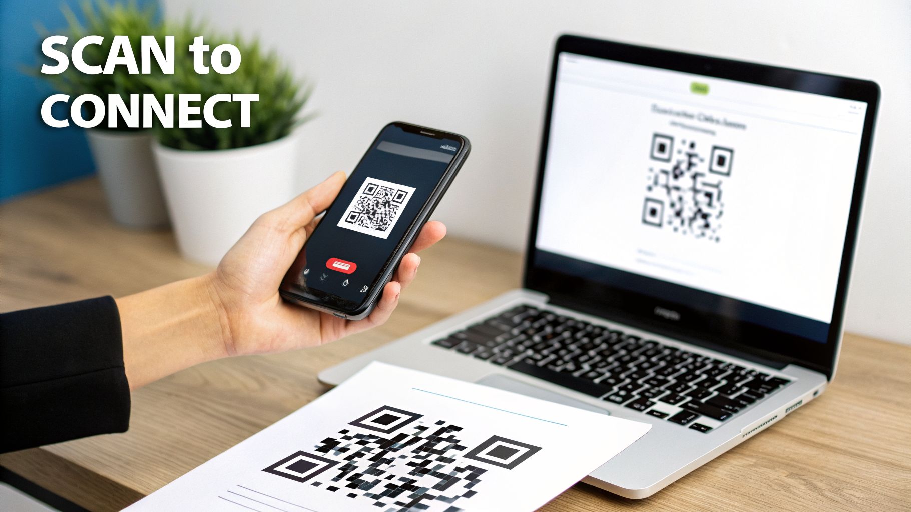 A hand holds a smartphone displaying a QR code, with a laptop and paper showing QR codes on a desk.