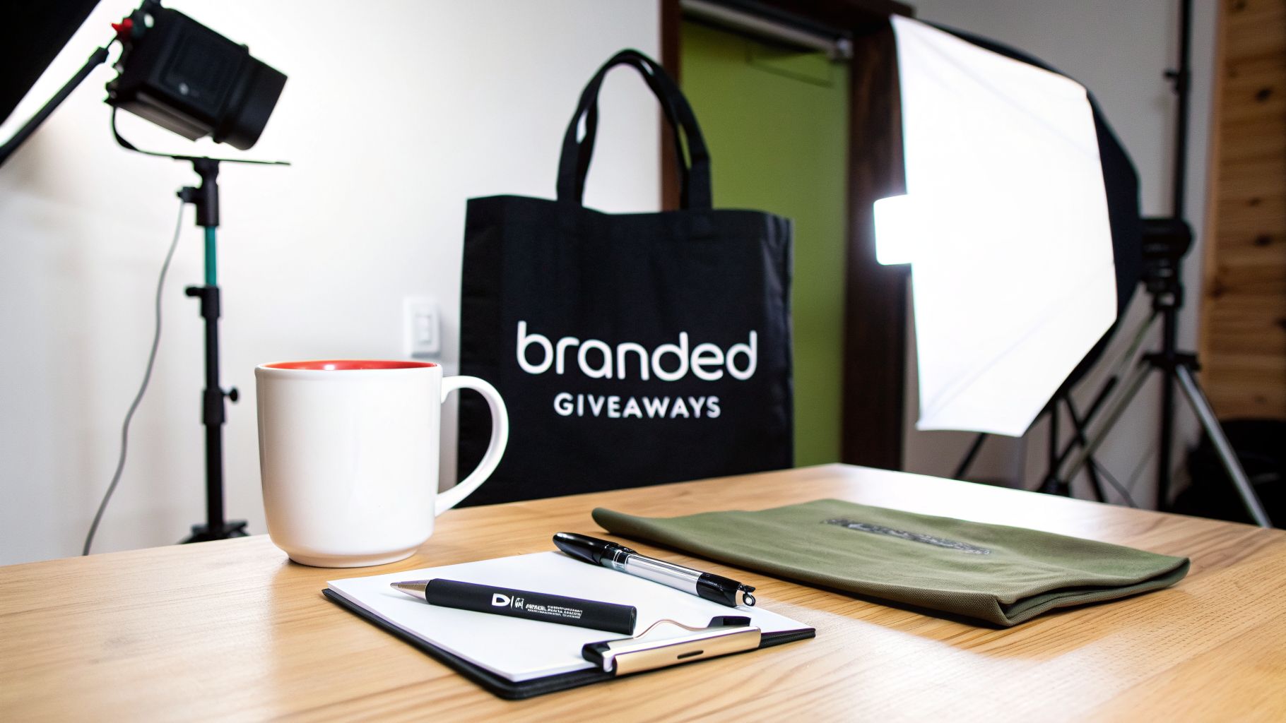A desk setup featuring branded merchandise, including a mug, pens, and a 'branded GIVEAWAYS' tote bag, with studio lights in the background.