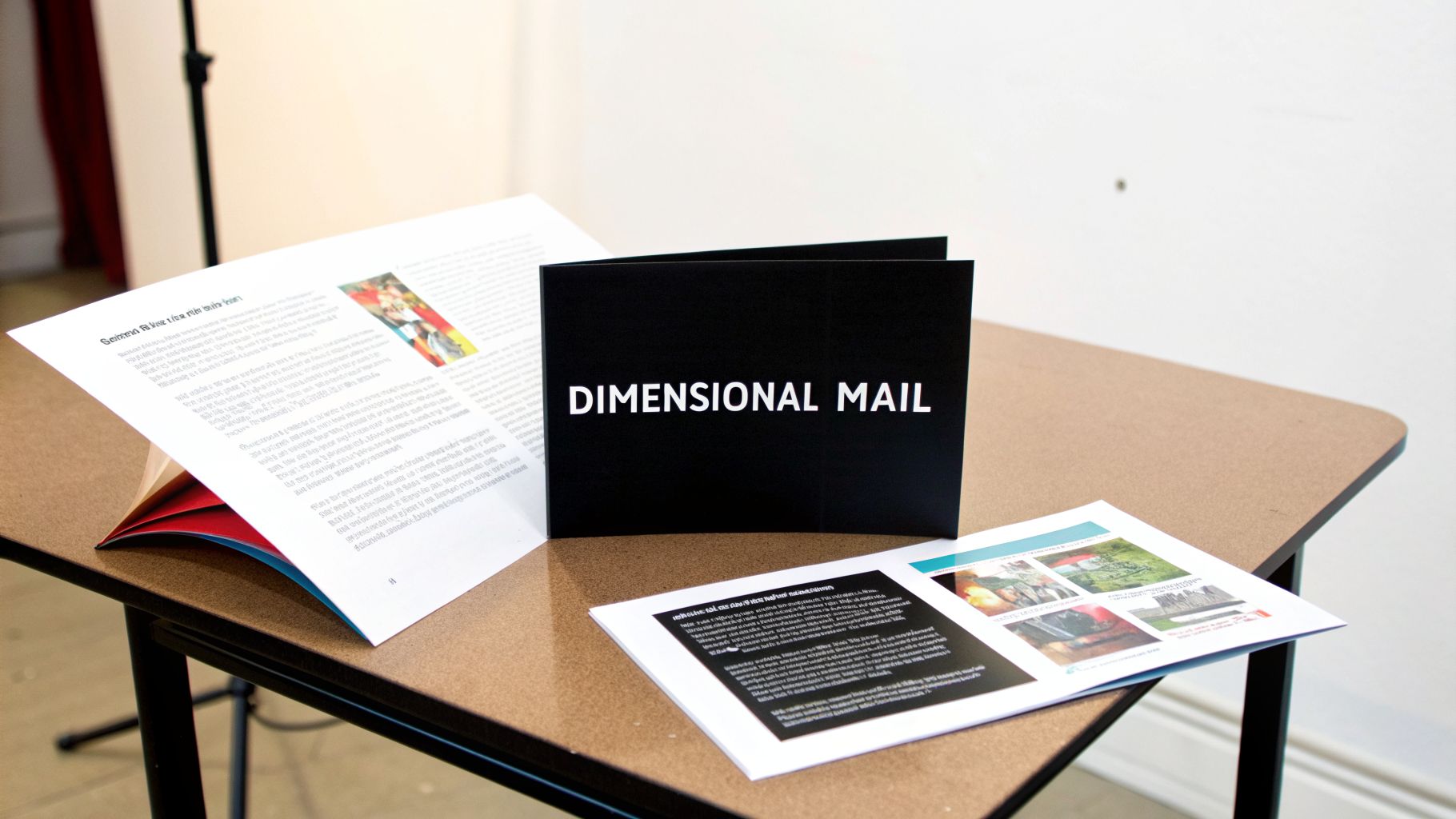 Marketing materials on a brown table, including a 'Dimensional Mail' brochure and open booklets.