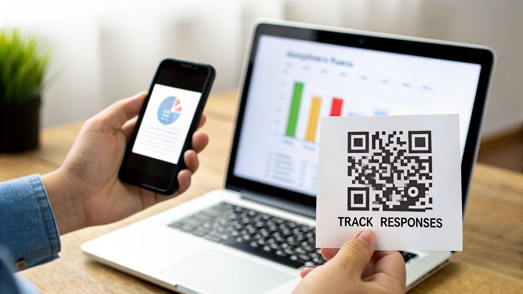 A person holds a smartphone showing a pie chart and a paper with a QR code to track responses, with a laptop displaying data.
